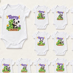 Personalised panda monthly milestone bodysuit set with green numbers, purple names and bamboo-inspired decorations.