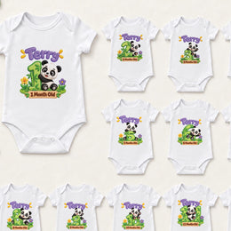 Personalised panda monthly milestone bodysuit set with green numbers, purple names and bamboo-inspired decorations.