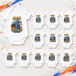 Personalised racing milestone bodysuit set for months 1–12 with colourful numbers, tyres and chequered flags.
