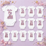 Personalised fairy princess milestone bodysuit set for months 1–12 with purple floral numbers on lilac.