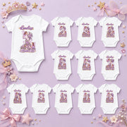 Personalised fairy princess milestone bodysuit set for months 1–12 with purple floral numbers on lilac.